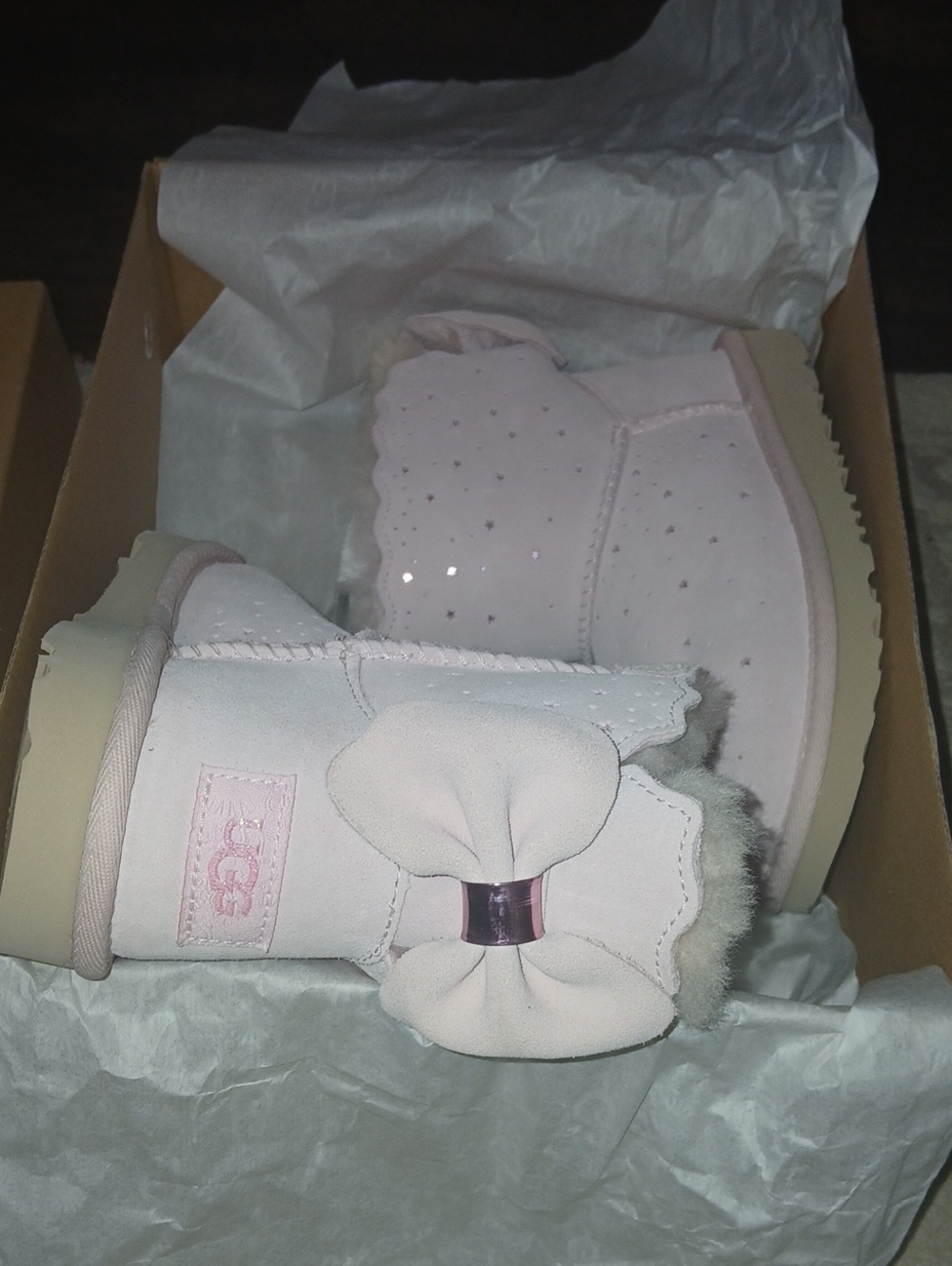 UGG Light Pink Bow Mini Boots with Sparkle Studs